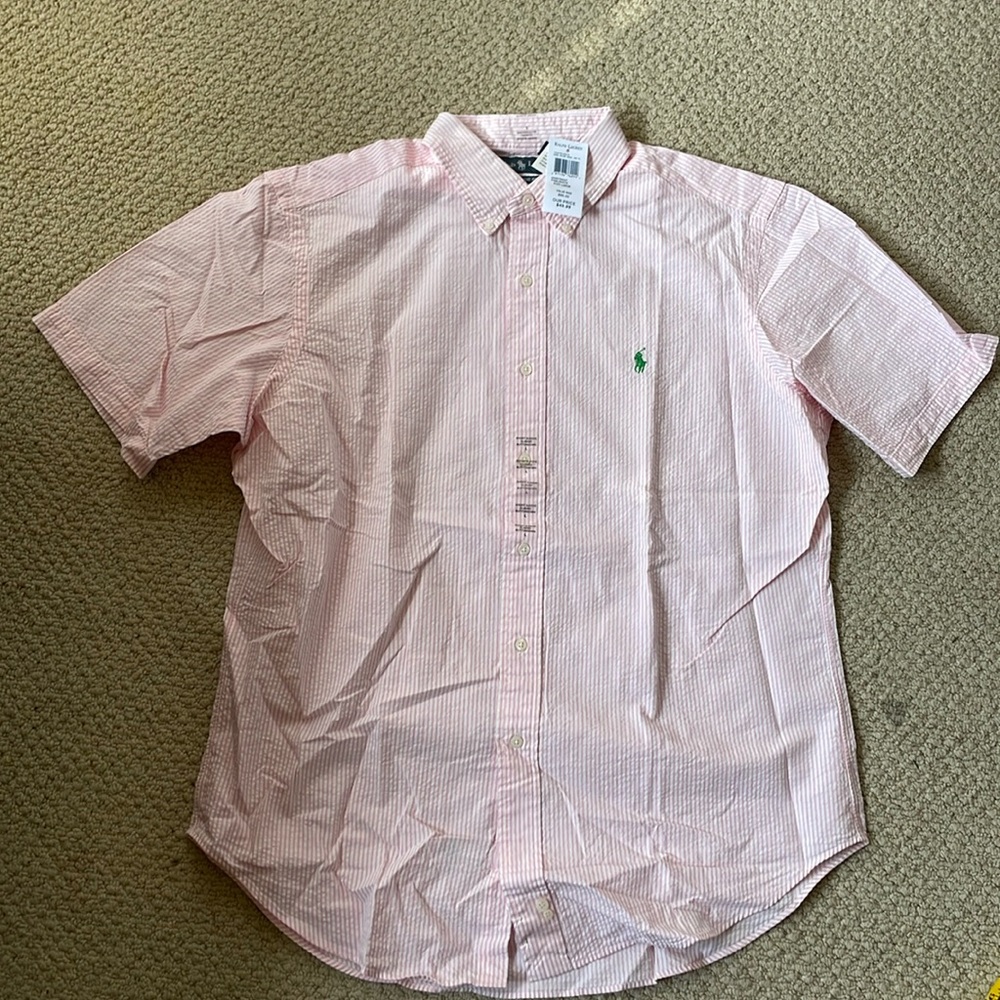 ralph lauren pink seersucker short sleeve button down classic fit in L